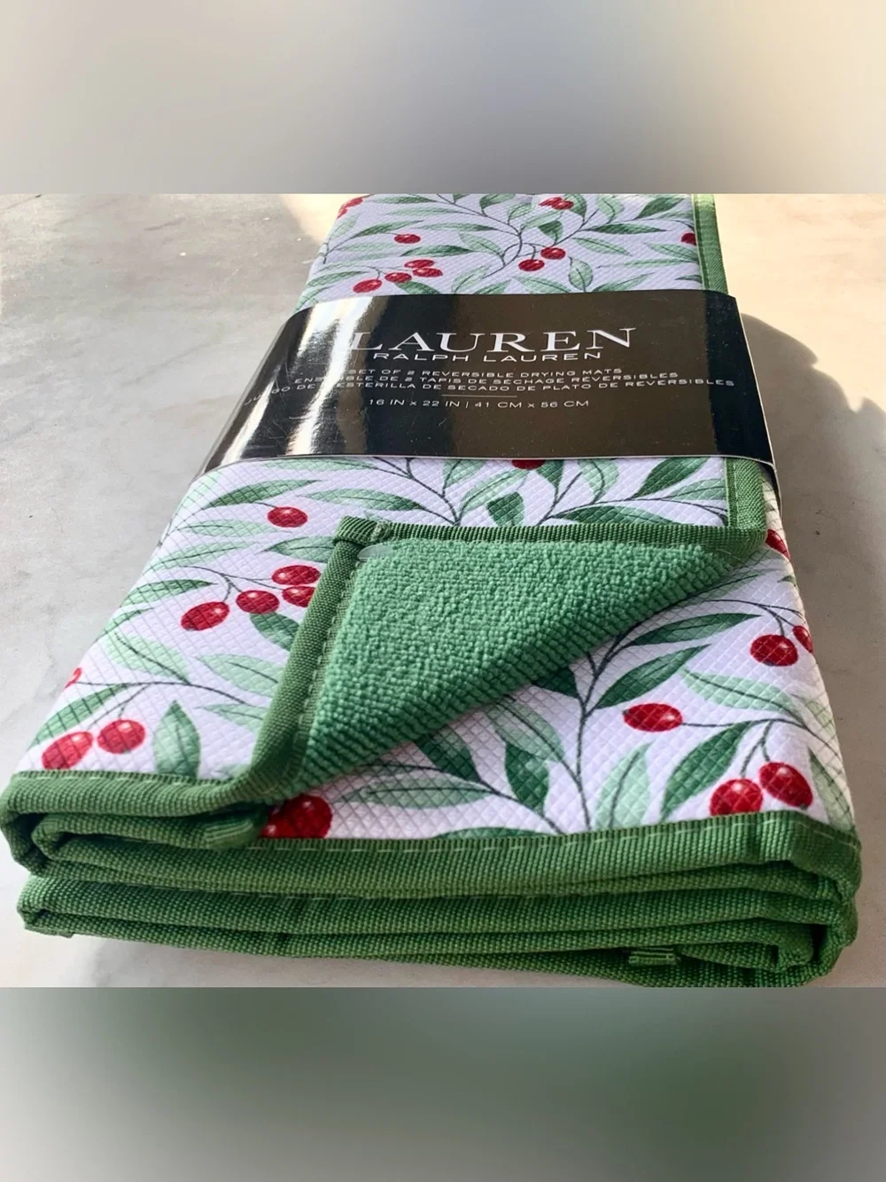 RALPH LAUREN KITCHEN DRYING MATS REVERSIBLE GREEN RED BERRIES SET NEW